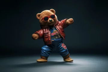 Fotobehang Funny teddy bear in hiphop outfit busting moves. Generative AI © Oliver