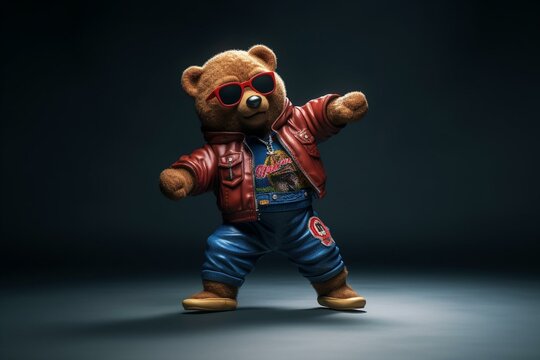 Naklejka Funny teddy bear in hiphop outfit busting moves. Generative AI