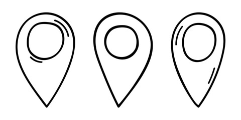 Map pin icon in doodle style. Hand drawn location pointer isolated on white background. Navigation sign. Destination pictogram. Geo tag label. Vector graphic illustration © vikusha_art