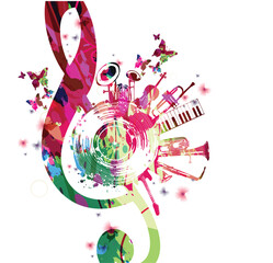 Colorful musical poster with G-clef, LP vinyl record disc and musical instruments vector illustration. Playful background for live concert events, music festivals and shows, party flyer