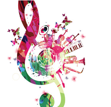 Colorful musical poster with G-clef, LP vinyl record disc and musical instruments vector illustration. Playful background for live concert events, music festivals and shows, party flyer