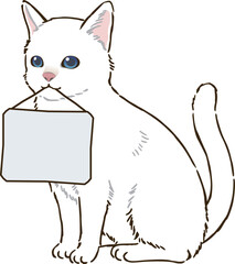 メッセージボードを咥える猫（短毛）