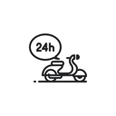 Shipping fast delivery, motorcycle with 24hours symbol outline icons. Vector illustration. Isolated icon suitable for web, infographics, interface and apps.