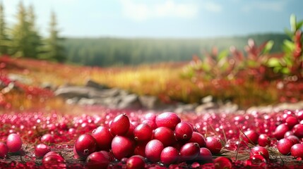 Cranberry fresh fruit in the landscape background. Generative AI