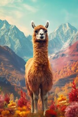 Lama in nature at mountain valley. Generative AI