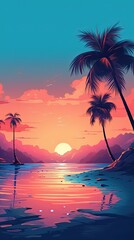 Coconut palms at pink tropical sunset over calm sea. Generative AI