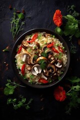 Mushroom risotto vegetarian dish on black stone surface background. Generative AI