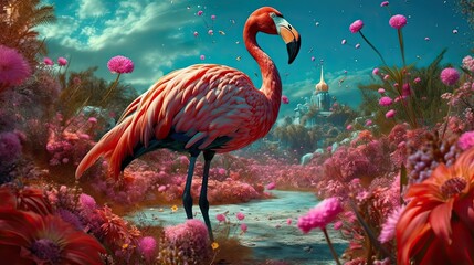 Flamingo in field of wild flowers. Generative AI