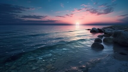 Beautiful twilight over the sea. Dramatic sea landscape. Generative AI