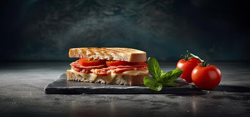 Margherita panini vegetarian meal on dark background. Generative AI