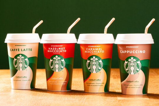 Starbucks four coffee variations or flavors, Caffe Latte, Hazelnut Macchiato, Caramel Macchiato and Cappuccino, small ready to drink cold coffee that are sold in supermarkets in Germany.