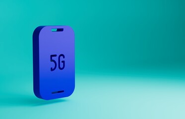 Blue Mobile with 5G new wireless internet wifi icon isolated on blue background. Global network high speed connection data rate technology. Minimalism concept. 3D render illustration