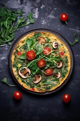 Mushroom and spinach omelette vegetarian dish on black stone surface background. Generative AI