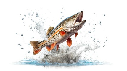 Zander fish. Pike perch river fish jumping out of water. Isolated on white background. Generative AI