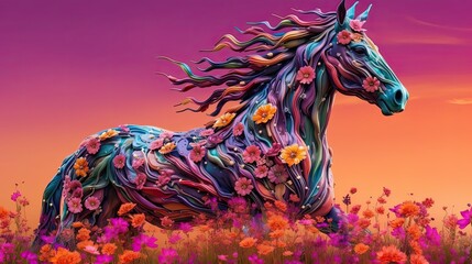 Horse in field of wild flowers. Generative AI