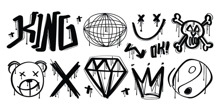 Set of black graffiti spray elements. Collection of skull, diamond, crown, emoji, arrow, king. Airbrush urban style drawing graphics on white isolated background for fashion and prints.
