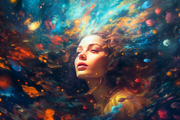 Ethereal dream illustration of a young woman surrounded by surreal elements. Created with Generative AI technology.