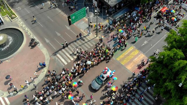 DRONE SHOT OF GAY PRIDE PARADE IN GUADALAJARA MEXICO