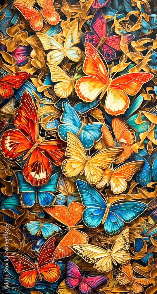 Poster fantasy background image of textured colorful butterflies. created with generative ai technology.
