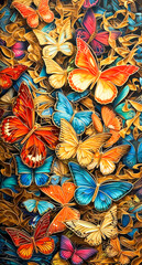 Fantasy background image of textured colorful butterflies. Created with Generative AI technology.