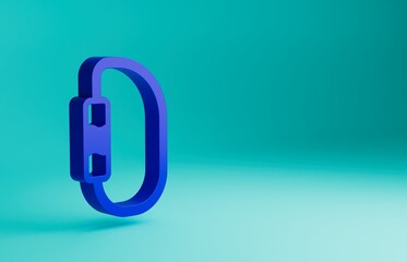Obraz premium Blue Carabiner icon isolated on blue background. Extreme sport. Sport equipment. Minimalism concept. 3D render illustration