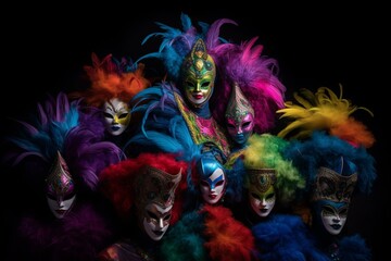 Obraz na płótnie Canvas Vibrant carnival masks and wigs emit joy and color against a black backdrop. Generative AI