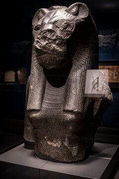 fragment of a statue of the goddess Sekhmet, black granite, 18th dynasty reigning Amenhotep III, Temple of Mut, Karnak, Thebes, Egypt, collection of the British Museum
