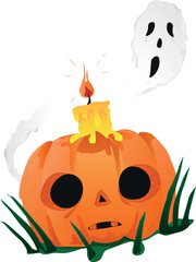 Halloween pumpkin with candle and ghost