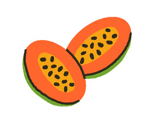 Cut papaya halves. Exotic pawpaw with black seeds, flesh, cross-section. Natural tropical food, papaw. Healthy vitamin nutrition. Flat graphic vector illustration isolated on white background