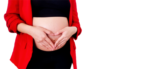 Close Up pregnant woman in red suit forming heart-shape with her hands over her stomach isolated on transparent background. Pregnancy 7-9 months, expectation, love, care baby. png transparency.