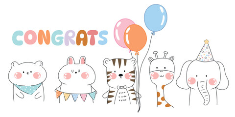 Draw vector banner cute animal party on white for birthday or party,card,poster,cover,print.Doodle cartoon style.