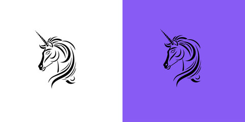 Black silhouette of graceful unicorn logotype. Fairy tale symbol. Vector flat icon on white and purple background. Magic logo