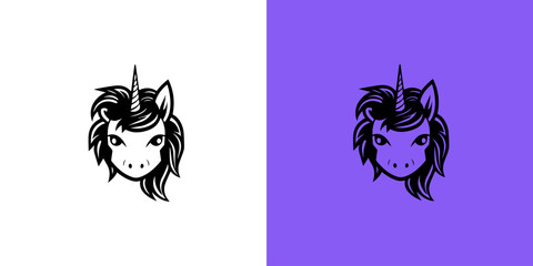 Black silhouette of graceful unicorn logotype. Fairy tale symbol. Vector flat icon on white and purple background. Magic logo