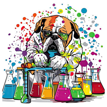 A Scientist English Bulldog in a laboratory, surrounded by flasks and beakers filled with colored liquids. He is holding a test tube up to the light, observing the bubbling reaction wit, Generative Ai
