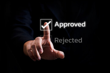 Businessman making correct mark on document or project on virtual screen, assessment form,...