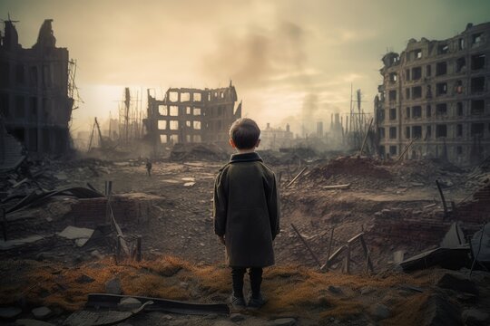 Military child ruined city. Generate Ai