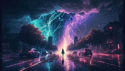 Woman walking on street with lightning storm colorful. fantastic fantasy. Ai generate
