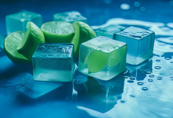 lime and cubes on blue in a swimming pool