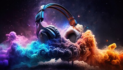 Obraz na płótnie Canvas generative ai. headphone realistic Futuristic fantatasy cloud smoke colorful art Technology concept poster