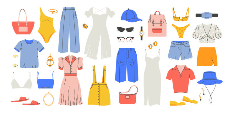 Summer fashion clothes. Cartoon dress trousers shirt skirt bag, vacation beach apparel swimsuit accessories. Vector set