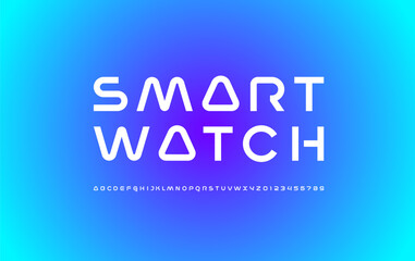 Virtual font, digital cyber alphabet made space future design, uppercase Latin letters A-Z and Arab numerals 0-9 trendy style, vector illustration 10EPS