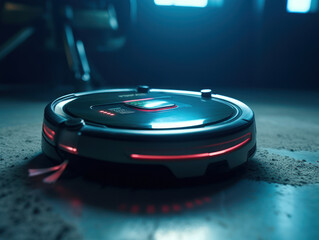Robotic vacuum cleaner cleaning the floor in the living room. Cleaning service concept. Created with Generative AI technology.