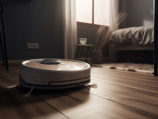 Robotic vacuum cleaner cleaning the floor in the living room. Cleaning service concept. 