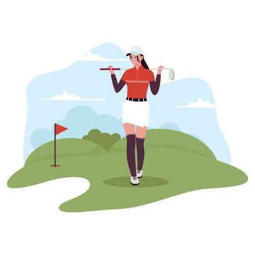 Flat design of women playing golf. Illustration for website, landing page, mobile app, poster and banner. Trendy flat vector illustration