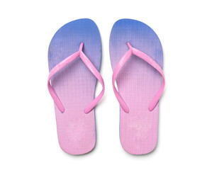 Bright flip flops isolated on white, top view