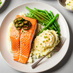 Salmon fillet with mashed potatoes and green beans on white plate generative AI