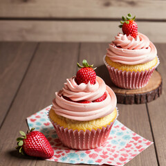 Cupcakes with strawberry on wooden background. Selective focus generative AI