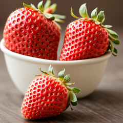 strawberries in a bowl on wood table generative AI