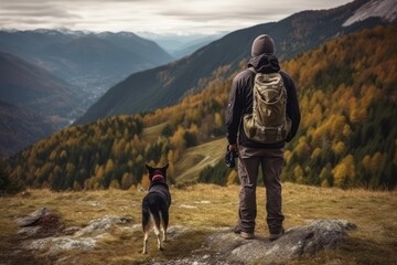 Man with a backpack hiking with his beautiful dog in the mountains. Concept a sense of adventure and freedom. Generative Ai