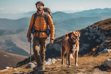 Man with a backpack hiking with his beautiful dog in the mountains. Concept a sense of adventure and freedom. Generative Ai